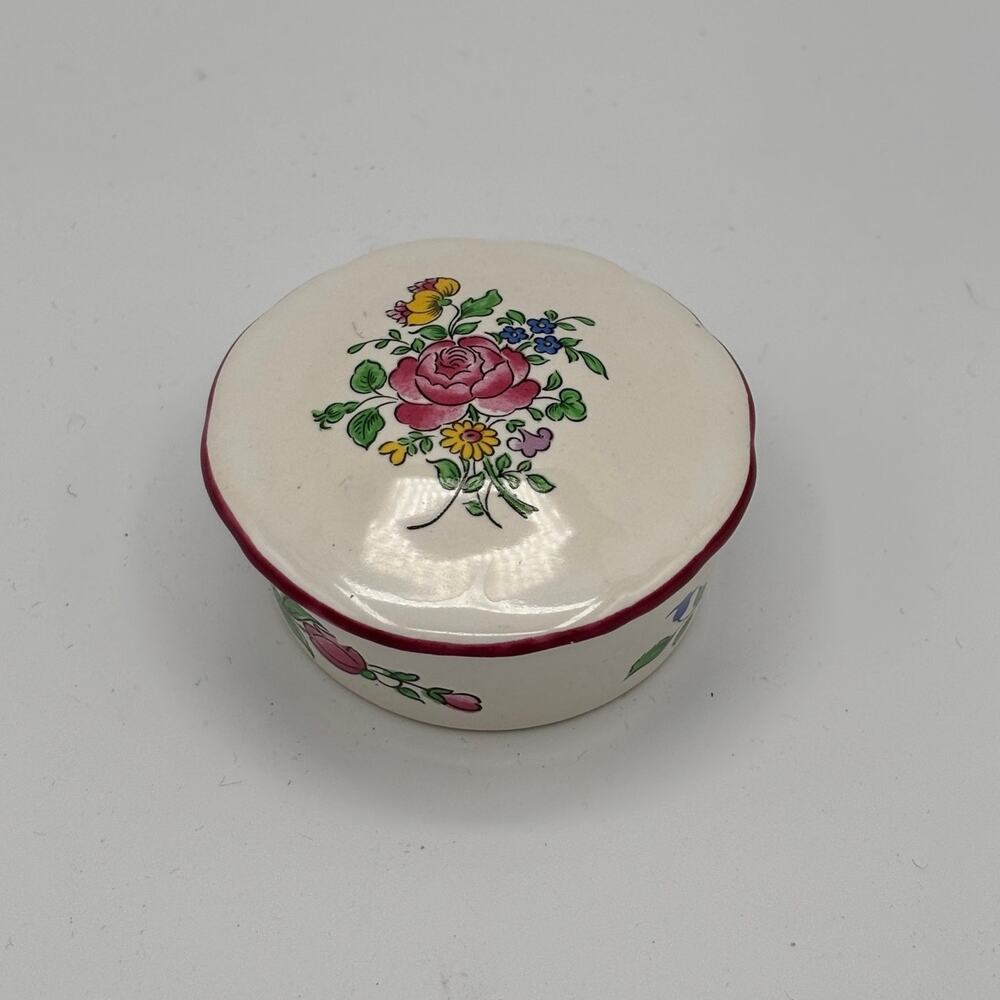 K&G Luneville France Old Strasbourg Floral Ceramic Trinket Dish Jewelry Jar 2.5"